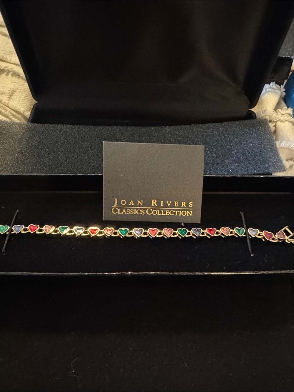 Rare vintage Joan Rivers Gold-Tone Bracelet with Multicolor Heart Stones